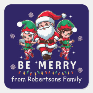 Gepersonaliseerde Santa & Elves Line Dancing Kerst Vierkante Sticker