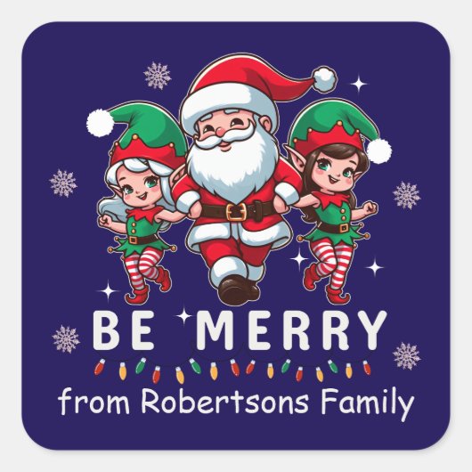 Gepersonaliseerde Santa & Elves Line Dancing Kerst Vierkante Sticker (Voorkant)