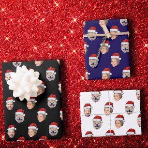 Gepersonaliseerde Santa Hat Face 3 Foto Kerstcadea Inpakpapier Vel