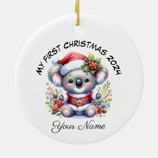 Gepersonaliseerde Santa Koala Beer Eerste Kerstdag Keramisch Ornament (Achterkant)