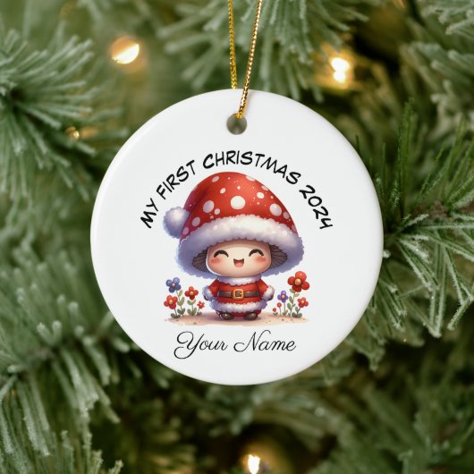 Gepersonaliseerde Santa Mushroom Eerste Kerstmis Keramisch Ornament (Boom)