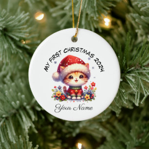 Gepersonaliseerde Santa Oranje Kitten Eerste Kerst Keramisch Ornament