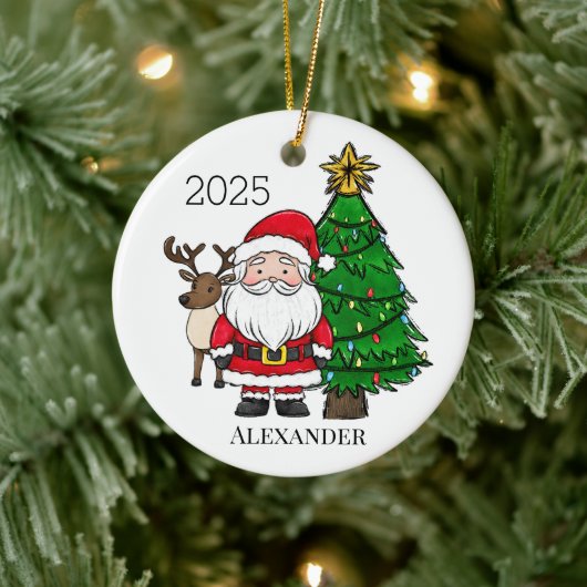 Gepersonaliseerde Santa Rendier Kerstboom Keramisch Ornament (Boom)