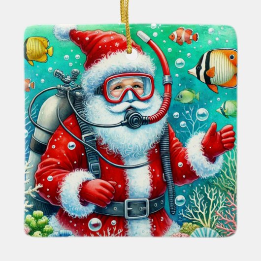 Gepersonaliseerde Santa Scuba Diving Kerstmis Keramisch Ornament (Voorkant)
