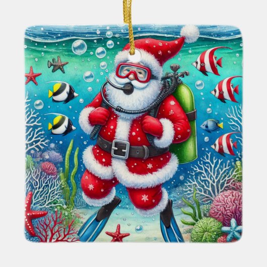 Gepersonaliseerde Santa Scuba Diving Kerstmis Keramisch Ornament (Voorkant)