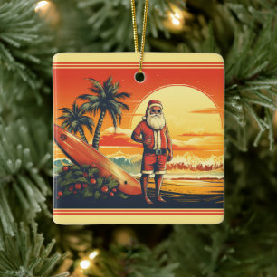 Gepersonaliseerde Santa Surfing Retro Beach Kerstm Keramisch Ornament