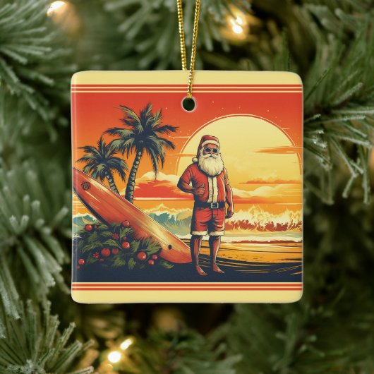 Gepersonaliseerde Santa Surfing Retro Beach Kerstm Keramisch Ornament (Boom)