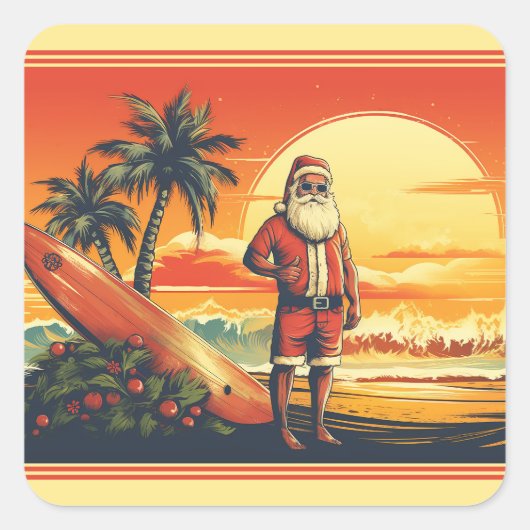 Gepersonaliseerde Santa Surfing Retro Beach Kerstm Vierkante Sticker (Voorkant)