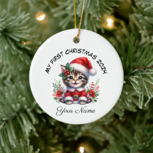 Gepersonaliseerde Santa Tabby Kitten Eerste Kerstm Keramisch Ornament