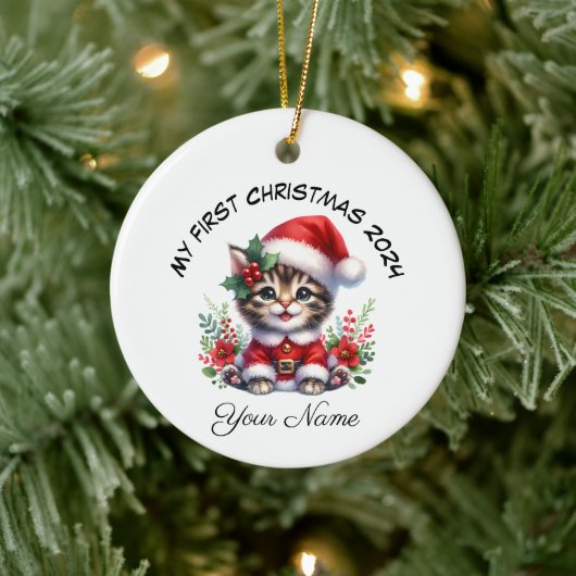 Gepersonaliseerde Santa Tabby Kitten Eerste Kerstm Keramisch Ornament (Boom)