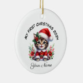 Gepersonaliseerde Santa Tabby Kitten Eerste Kerstm Keramisch Ornament (Rechts)