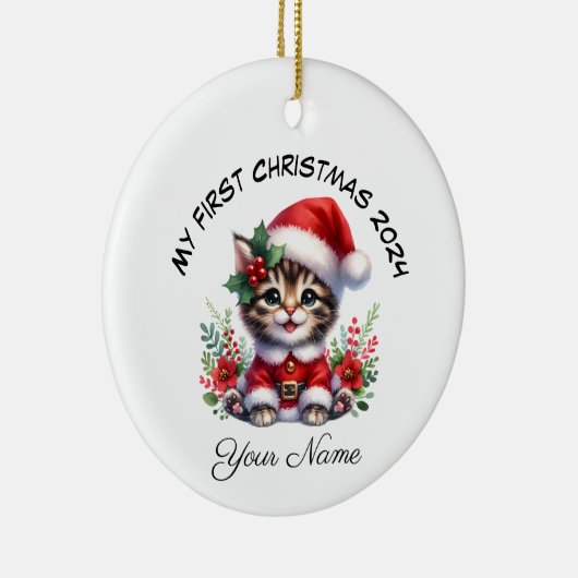Gepersonaliseerde Santa Tabby Kitten Eerste Kerstm Keramisch Ornament (Rechts)