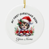 Gepersonaliseerde Santa Tabby Kitten Eerste Kerstm Keramisch Ornament (Voorkant)