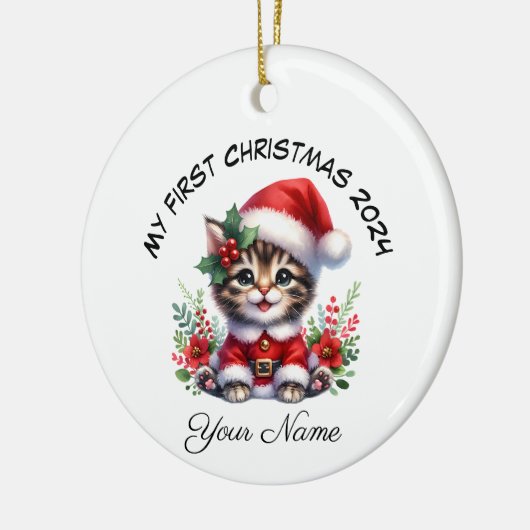 Gepersonaliseerde Santa Tabby Kitten Eerste Kerstm Keramisch Ornament (Links)
