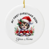 Gepersonaliseerde Santa Tabby Kitten Eerste Kerstm Keramisch Ornament (Achterkant)