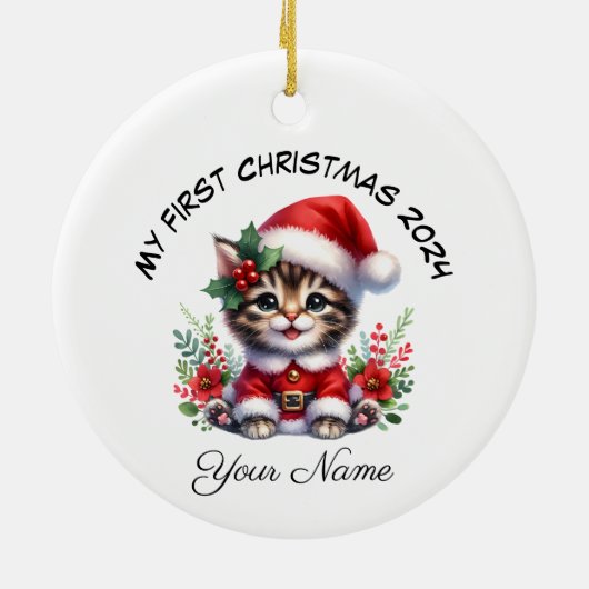 Gepersonaliseerde Santa Tabby Kitten Eerste Kerstm Keramisch Ornament (Achterkant)
