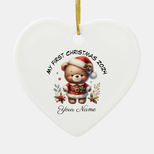 Gepersonaliseerde Santa Teddy Bear Eerste Kerstmis Keramisch Ornament (Voorkant)