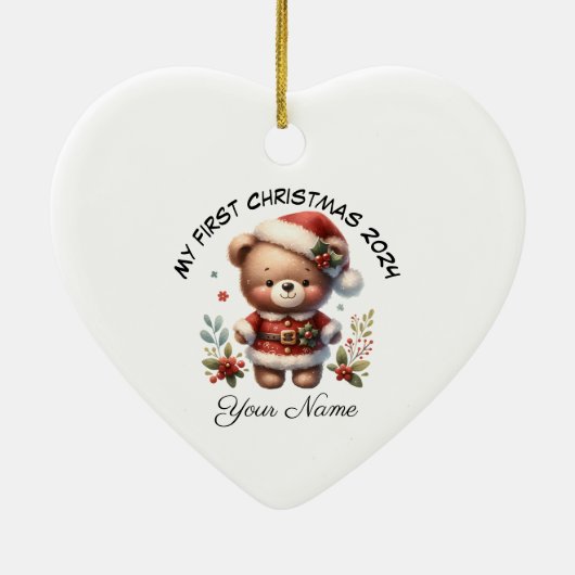 Gepersonaliseerde Santa Teddy Bear Eerste Kerstmis Keramisch Ornament (Achterkant)