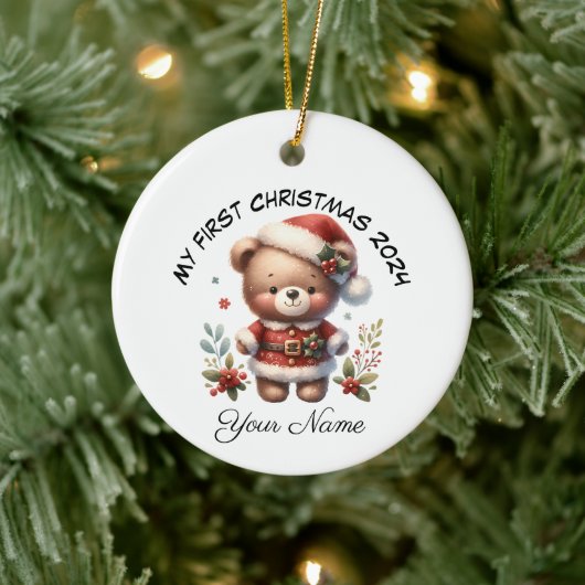 Gepersonaliseerde Santa Teddy Bear Eerste Kerstmis Keramisch Ornament (Boom)