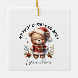 Gepersonaliseerde Santa Teddy Bear Eerste Kerstmis Keramisch Ornament