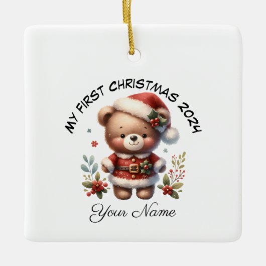 Gepersonaliseerde Santa Teddy Bear Eerste Kerstmis Keramisch Ornament (Voorkant)