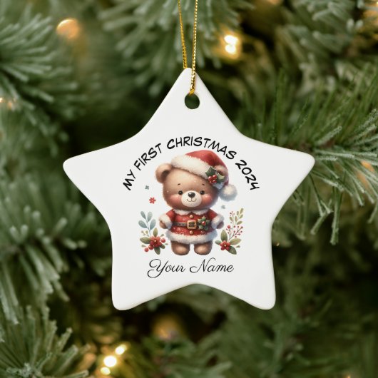 Gepersonaliseerde Santa Teddy Bear Eerste Kerstmis Keramisch Ornament (Boom)