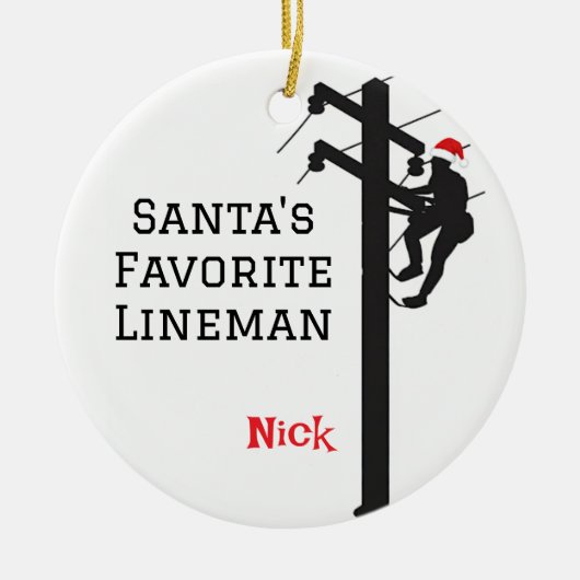 Gepersonaliseerde Santa's Favoriete Lineman Keramisch Ornament (Voorkant)