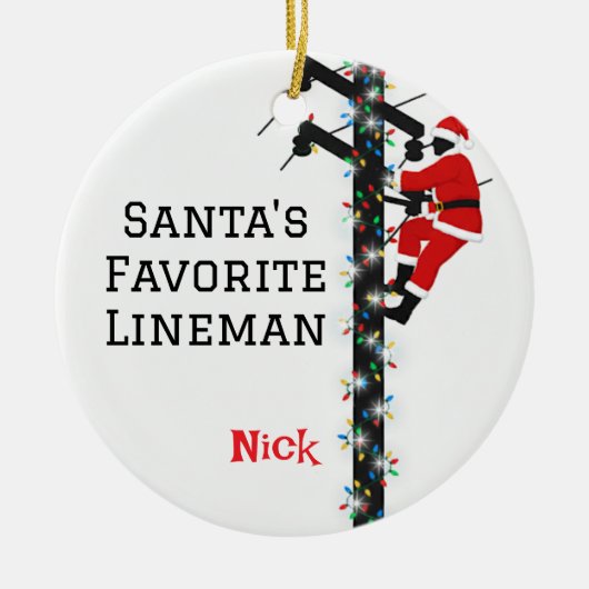 Gepersonaliseerde Santa's Favoriete Lineman Keramisch Ornament (Voorkant)