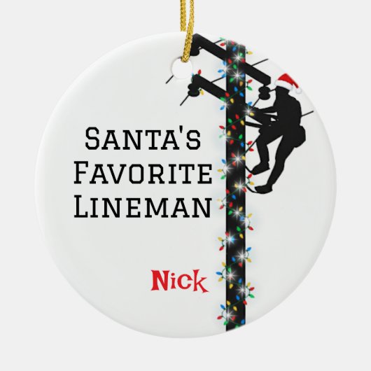 Gepersonaliseerde Santa's Favoriete Lineman Keramisch Ornament (Voorkant)