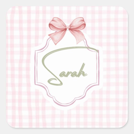 Gepersonaliseerde Sarah Baby Girl Nursery Bow & Gi Vierkante Sticker (Voorkant)