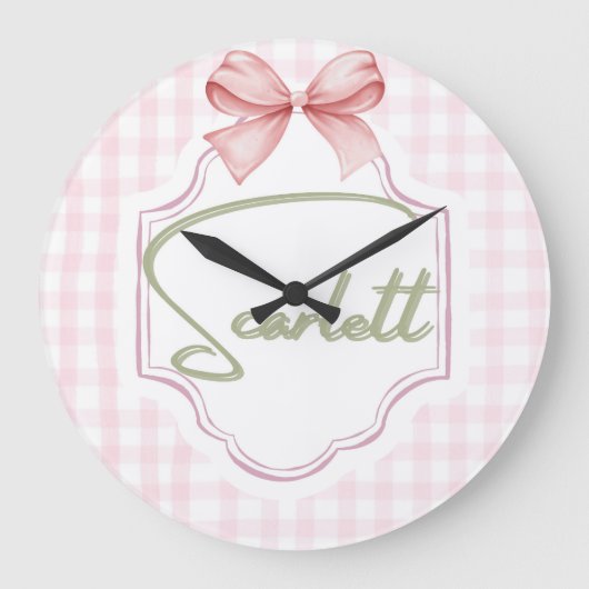 Gepersonaliseerde Scarlett Baby Girl Nursery Gingh Grote Klok (Voorkant)
