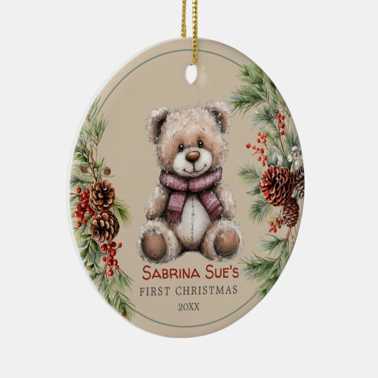 Gepersonaliseerde Schattige Beer Baby's eerste ker Keramisch Ornament (Rechts)