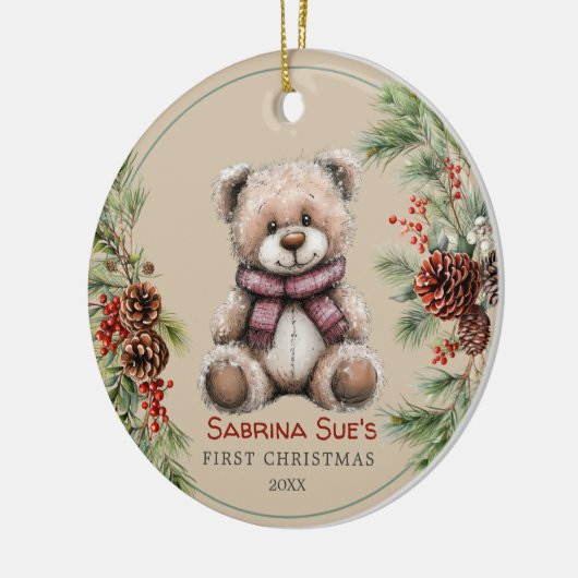 Gepersonaliseerde Schattige Beer Baby's eerste ker Keramisch Ornament (Links)