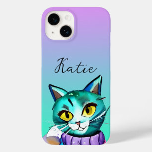 Gepersonaliseerde schattige blauwe kat Case-Mate iPhone 14 hoesje