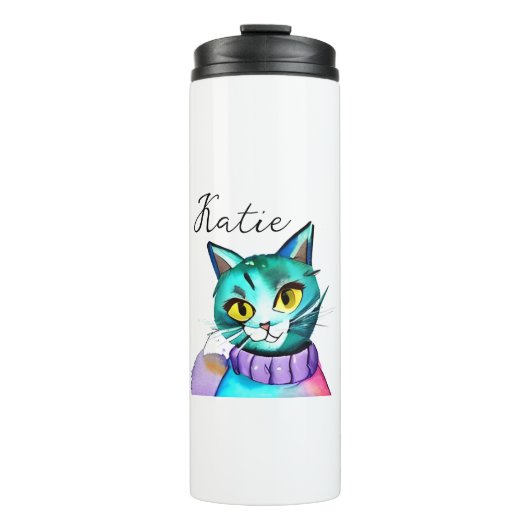 Gepersonaliseerde schattige blauwe kat thermosbeker (Voorkant)