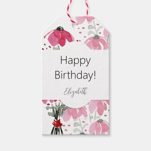 Gepersonaliseerde Schattige Boho Pink Waterverf Fl Cadeaulabel (Voorkant)
