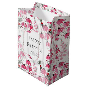 Gepersonaliseerde Schattige Boho Pink Waterverf Fl Medium Cadeauzakje