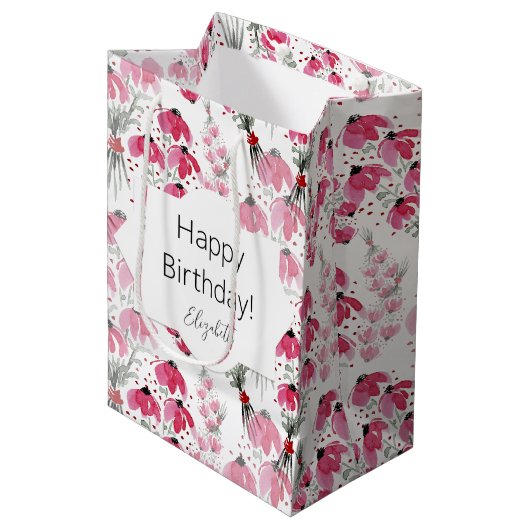 Gepersonaliseerde Schattige Boho Pink Waterverf Fl Medium Cadeauzakje (Voorkant Gekanteld)