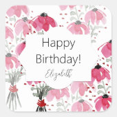 Gepersonaliseerde Schattige Boho Pink Waterverf Fl Vierkante Sticker (Voorkant)
