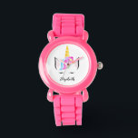 Gepersonaliseerde schattige eenhoorn bloemkroon horloge<br><div class="desc">Met mijn regenboogharige eenhoorn, kroonkop illustratie met bloemen en slaperige leuke wimpers. Geef haar een speciaal, gepersonaliseerd cadeau voor haar verjaardag en inclusief u kunt haar feestgasten ook een van deze geven in hun giveaway. Herinner haar aan haar schoonheid en genade met dit stijlvolle, glitterige roze horloge. Personaliseer met haar...</div>
