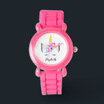 Gepersonaliseerde schattige  eenhoorn bloemkroon horloge<br><div class="desc">Met mijn regenboogharige eenhoorn, kroonkop illustratie met bloemen en slaperige leuke wimpers. Geef haar een speciaal, gepersonaliseerd cadeau voor haar verjaardag en inclusief u kunt haar feestgasten ook een van deze geven in hun giveaway. Herinner haar aan haar schoonheid en genade met dit stijlvolle, glitterige roze horloge. Personaliseer met haar...</div>