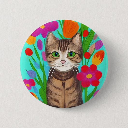 Gepersonaliseerde schattige grijze kat met kleurri ronde button 5,7 cm (Voorkant)