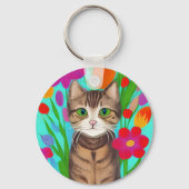 Gepersonaliseerde schattige grijze kat met kleurri sleutelhanger (Voorkant)