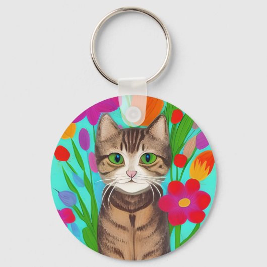 Gepersonaliseerde schattige grijze kat met kleurri sleutelhanger (Voorkant)