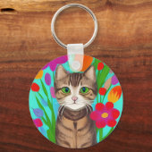 Gepersonaliseerde schattige grijze kat met kleurri sleutelhanger (Voorkant)