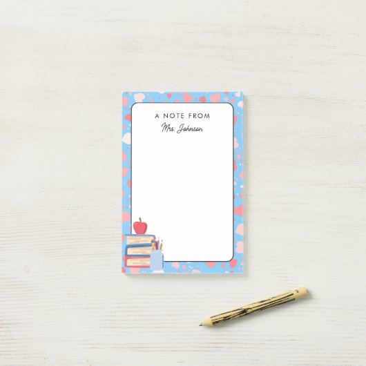 Gepersonaliseerde schattige harten leraar terug na post-it® notes (Op bureau)