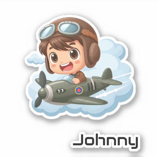 Gepersonaliseerde Schattige Jongen Vliegtuig Fun K Sticker (Voorkant)