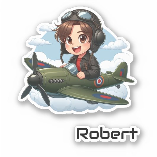 Gepersonaliseerde Schattige Jongen Vliegtuig Fun K Sticker (Voorkant)
