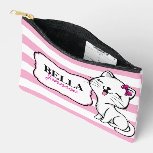 Gepersonaliseerde Schattige Kat Roze Gestript Etui (Open)