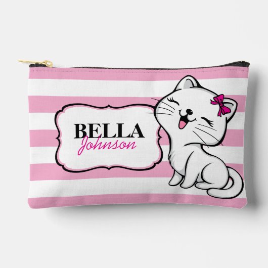 Gepersonaliseerde Schattige Kat Roze Gestript Etui (Voorkant)